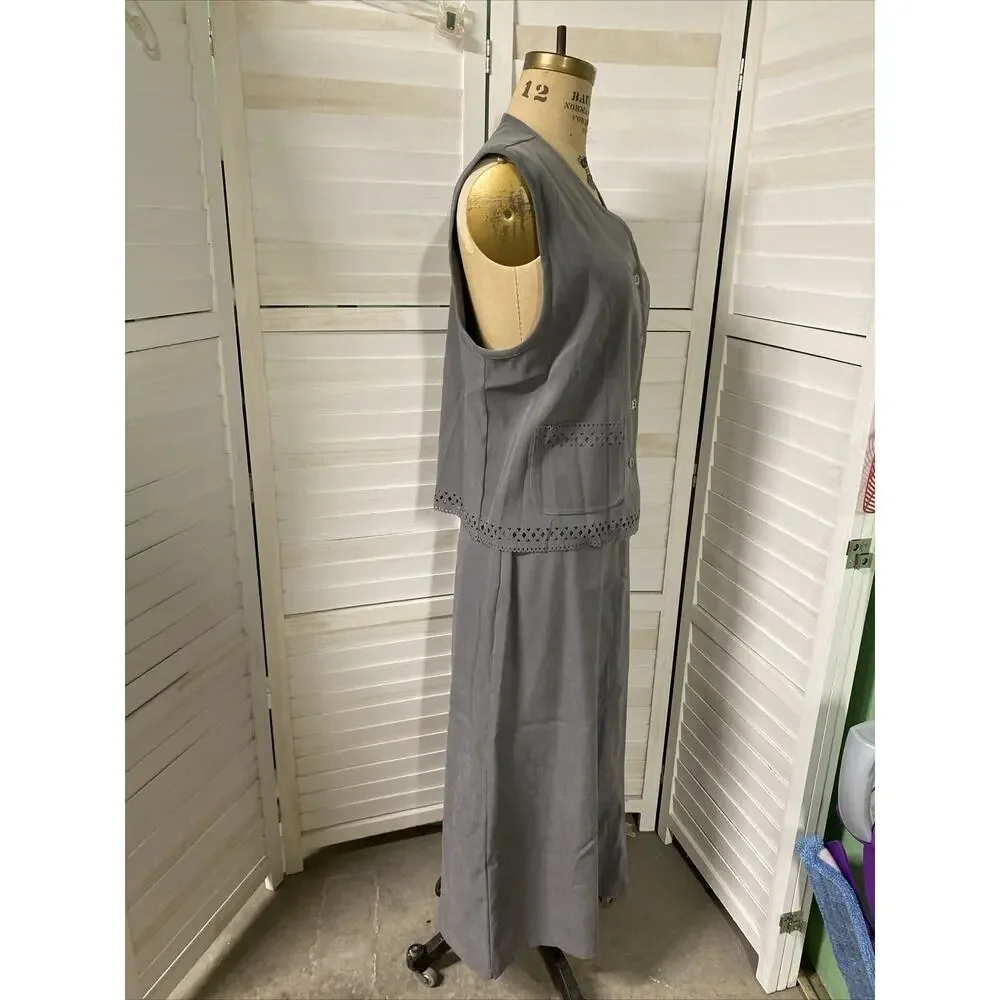 Women’s Napa Valley 2 Piece Gray Top & Skirt Matching Set Sz Large Polyester